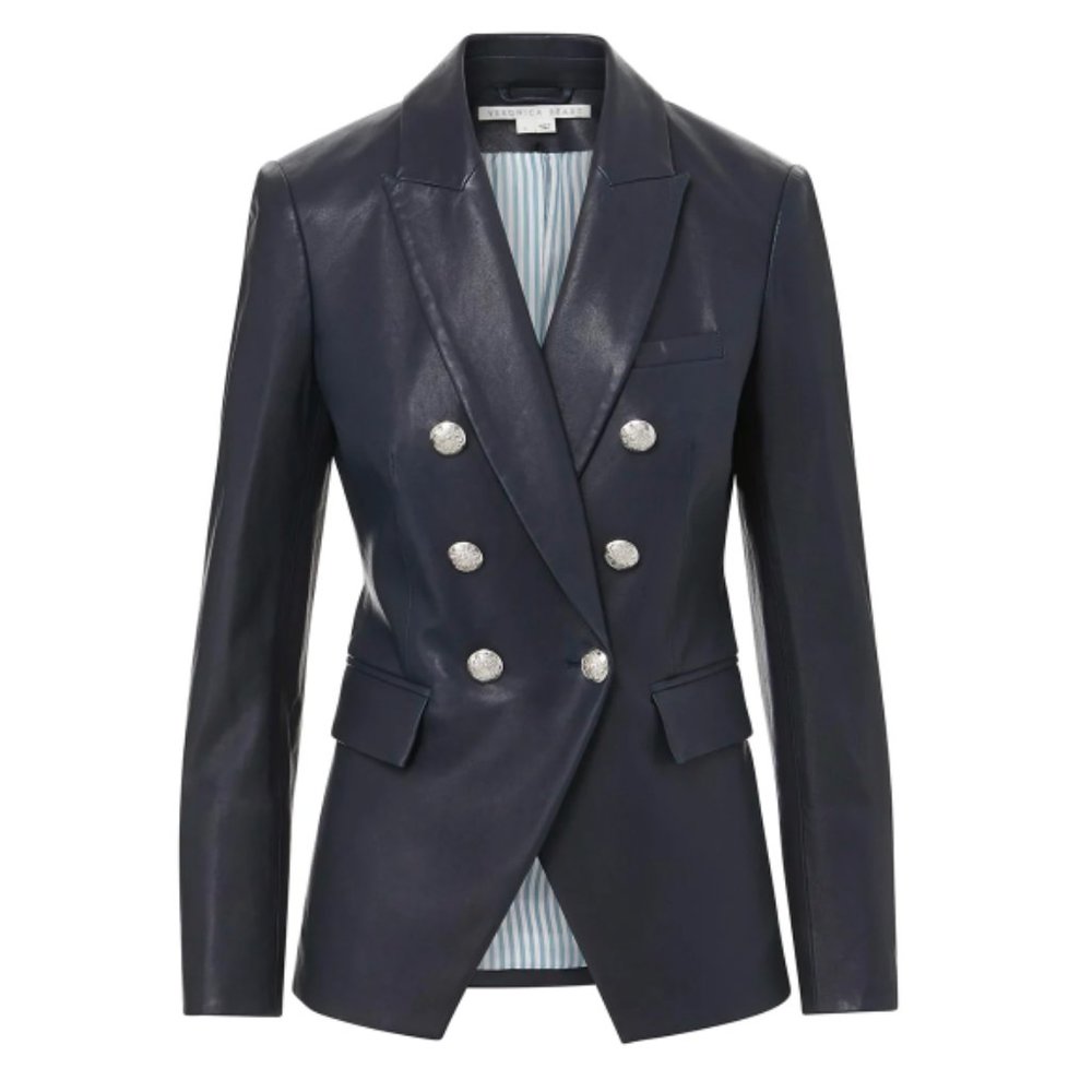 Veronica Beard Miller Leather Dickey Jacket Navy Dark Blue Lambskin Size 2 NWT